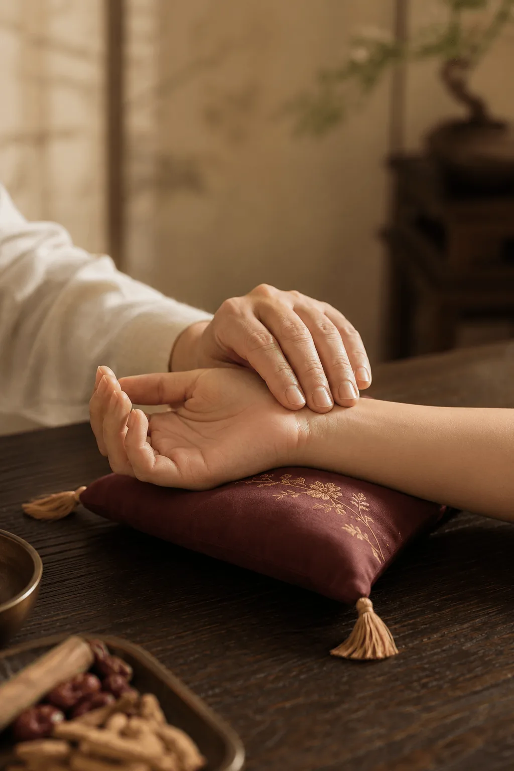 A practitioner taking a patient's pulse